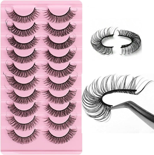 10 Pairs Natural Wispy Strip Lashes by Sasha Cosmetics, Ideal for Adding Subtle Volume and Definition