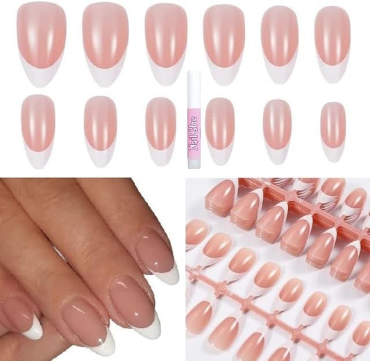 24 Almond French Manicure Press-On False Nails by Sasha Cosmetics, Ideal for a Chic and Refined Manicure.