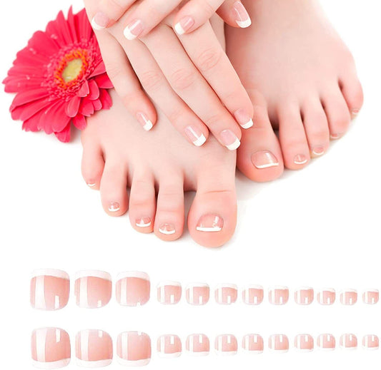 24 French Manicure Press-On False Toe Nails by Sasha Cosmetics for a Quick and Stylish Pedicure