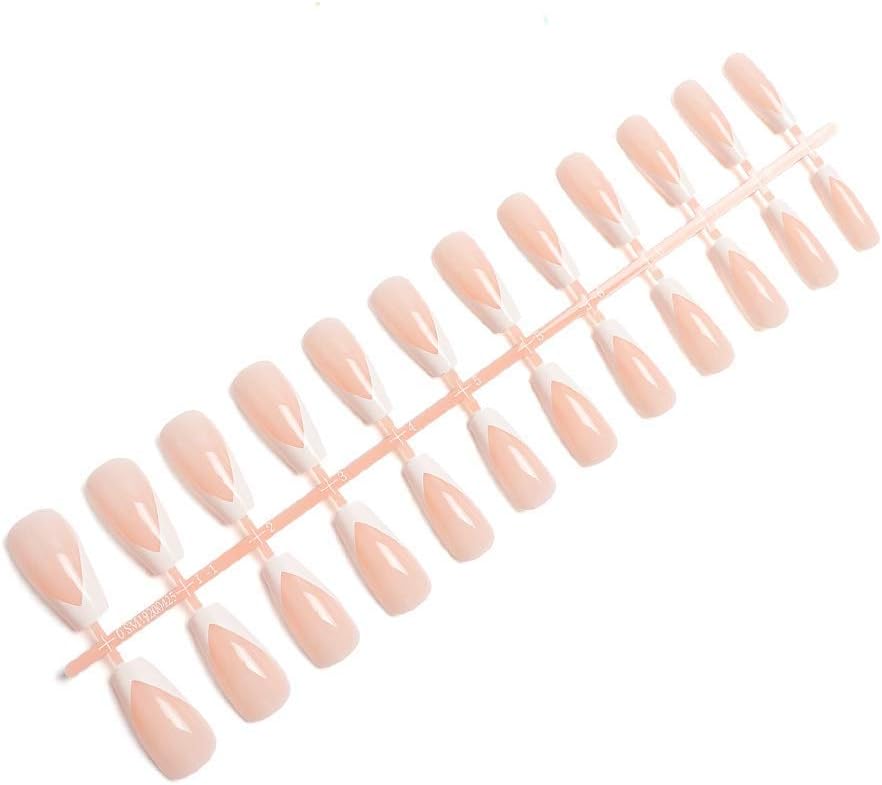 24 Pieces Long Coffin French Manicure Press-On False Nails by Sasha Cosmetics for a Stylish and Elegant Look.