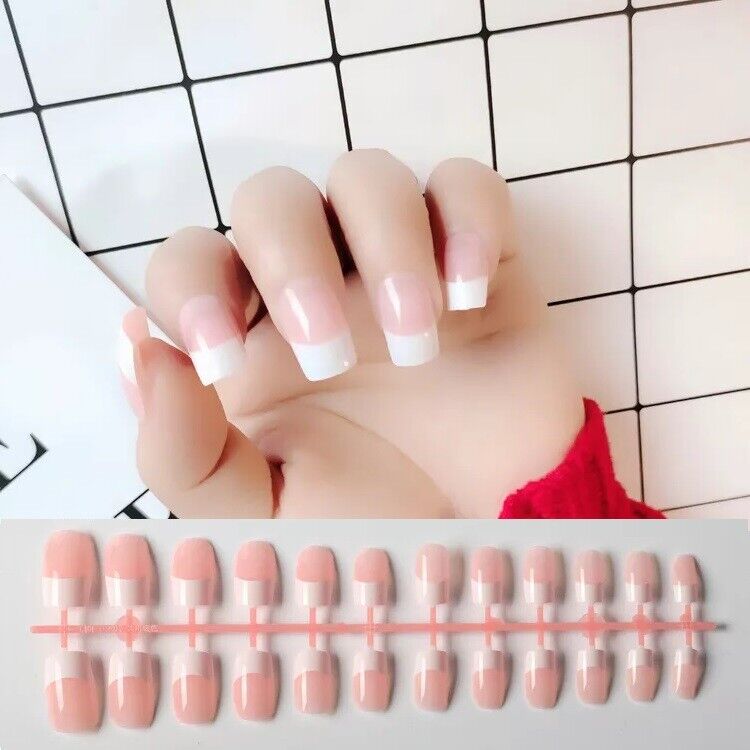 "24 Pieces Long Square French Manicure Press-On False Nails in Pink by Sasha Cosmetics for a Stylish Look