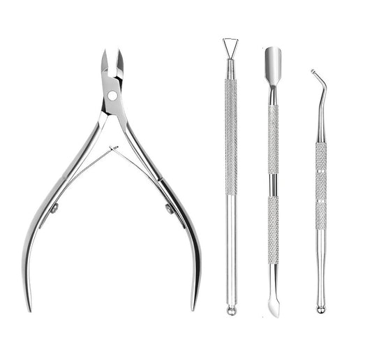 4 piece cuticle remover set with nippers, pusher, nail lifter and scraper