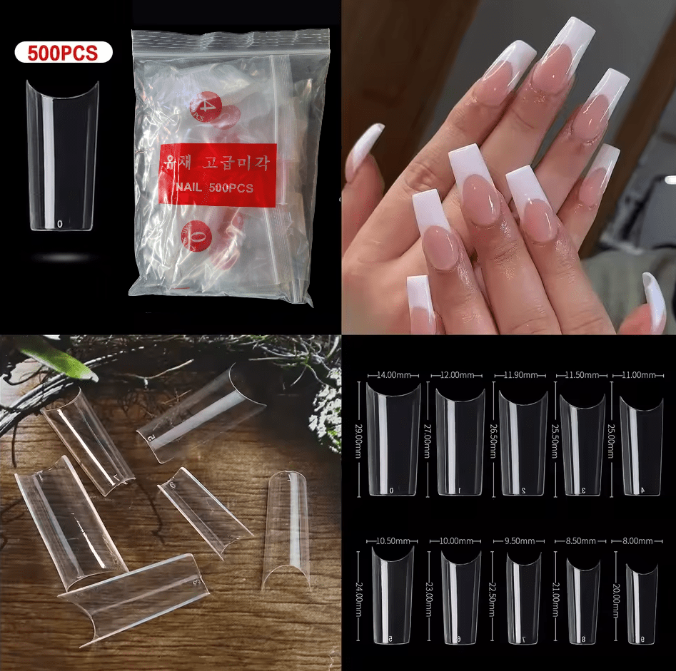 500 Pieces Long Square C Curve Pre-Pinched Half Cover False Nail Tips (Clear) by Sasha Cosmetics for Precise and Durable Nail Art