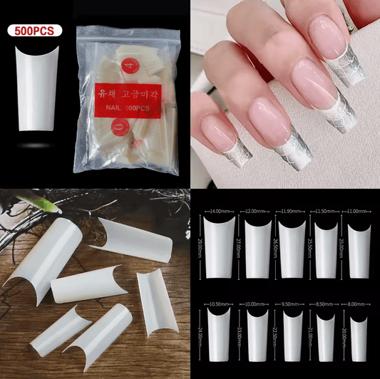 500 Pieces Long Square C Curve Pre-Pinched Half Cover False Nail Tips in Natural Color for Professional and DIY Nail Art