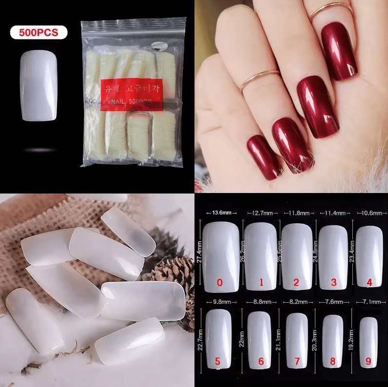 500 Pieces Long Square Full Cover False Nail Tips by Sasha Cosmetics for a Sleek, Elegant Nail Look