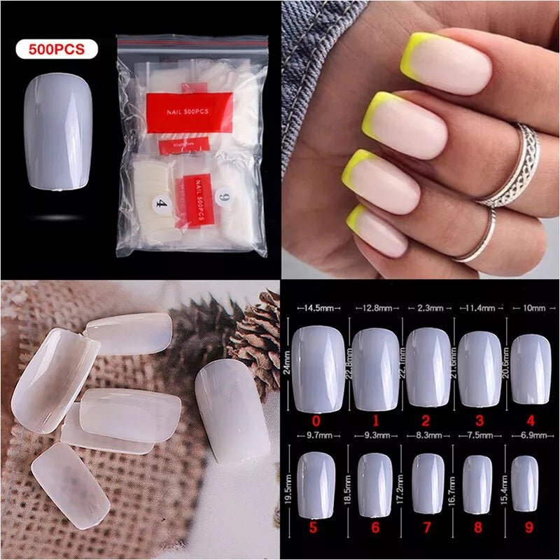 500 Pieces Medium Square Full Cover False Nail Tips by Sasha Cosmetics for a Classic, Elegant Nail Look