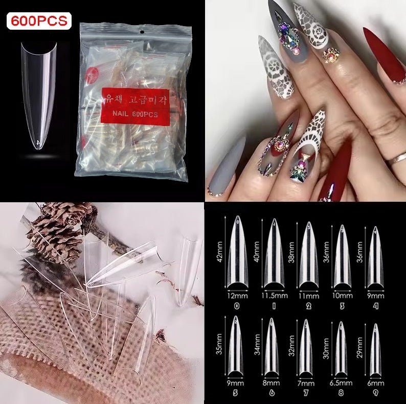 600 Pieces Extra Long Stiletto Half Cover False Nail Tips (Clear) by Sasha Cosmetics for Bold and Stylish Nail Designs