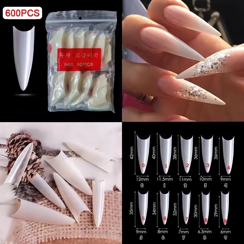 600 Pieces Extra Long Stiletto Half Cover False Nail Tips (Natural) by Sasha Cosmetics for Elegant and Bold Nail Designs