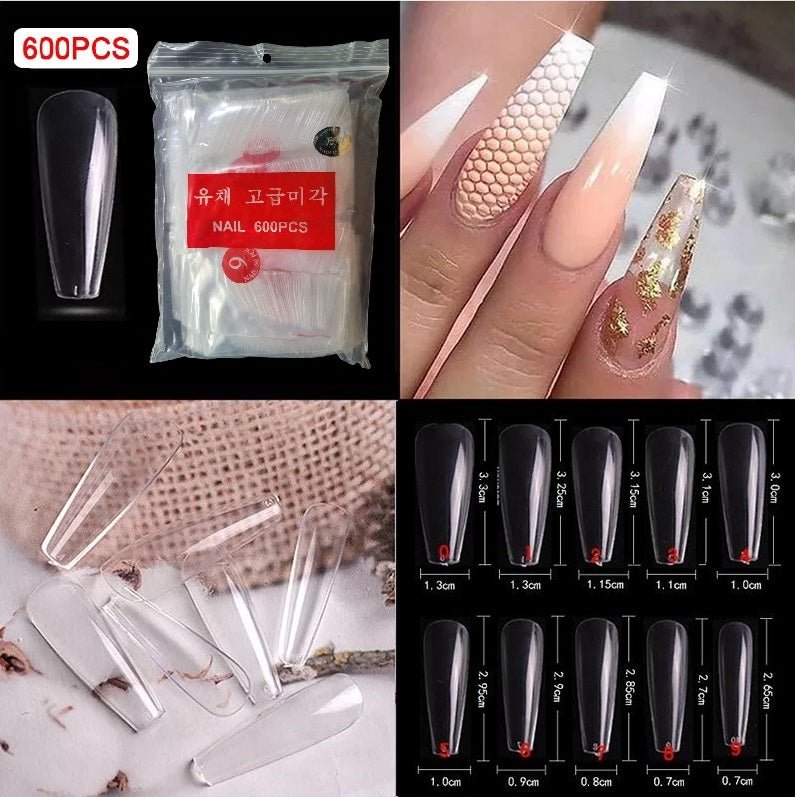 600 Pieces Long Coffin Tapered Full Cover False Nail Tips (Clear) by Sasha Cosmetics for Sleek, Customizable Nail Designs