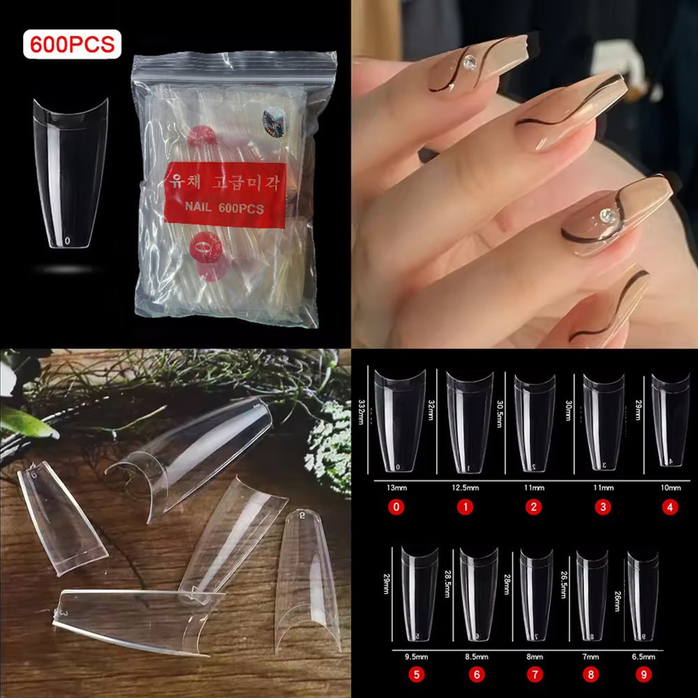 600 Long Tapered Coffin Half Cover Nail Tips in Clear Color, Ideal for DIY and Professional Use by Sasha Cosmetics.