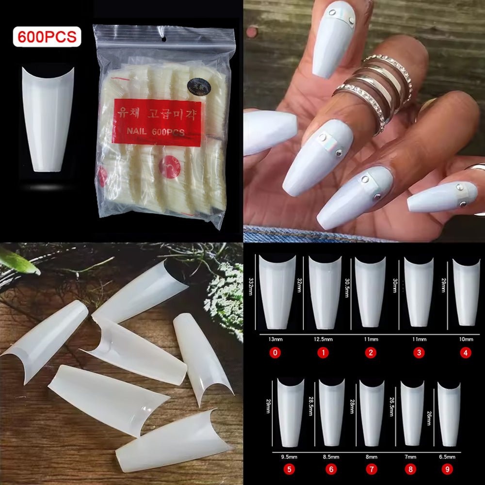 600 Long Tapered Coffin Half Cover Nail Tips in Natural Color, Ideal for DIY and Professional Use by Sasha Cosmetics.