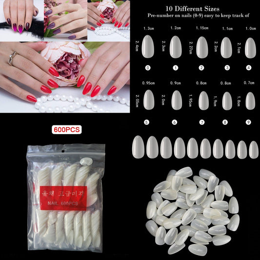 600 Pieces Short Almond Full Cover False Nail Tips by Sasha Cosmetics for a Natural, Elegant Look and Easy Application