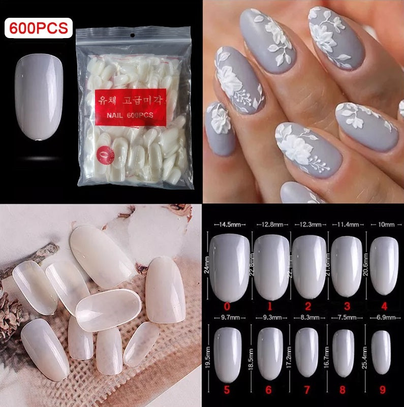 600-piece set of short/medium oval full cover acrylic false nails for manicures and nail extensions