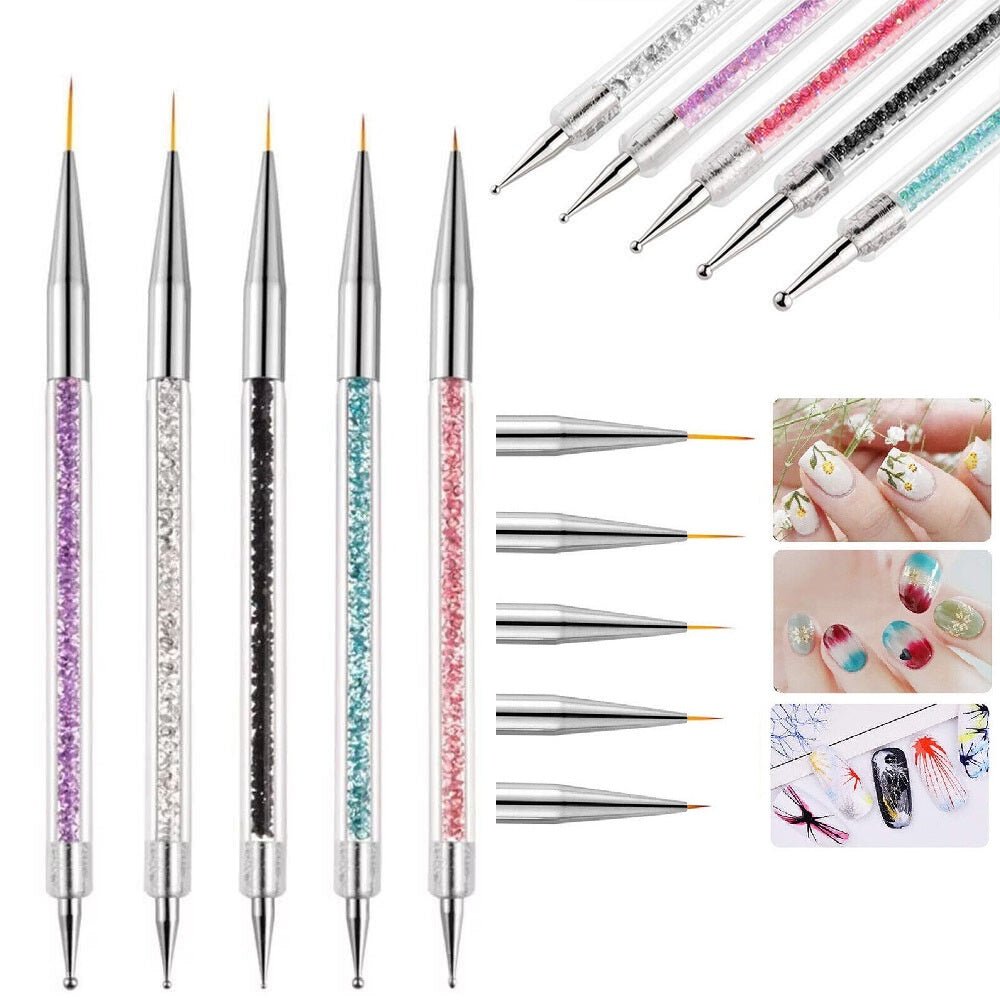 Professional 5-piece nail art liner brushes and double-ended dotting tool set with pink handles and fine tips