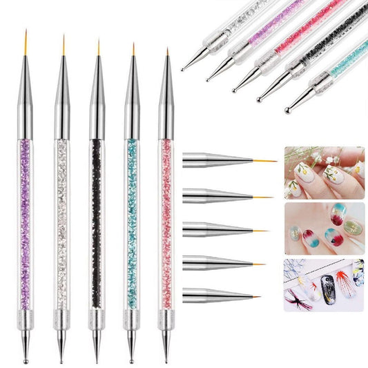 Professional 5-piece nail art liner brushes and double-ended dotting tool set with pink handles and fine tips