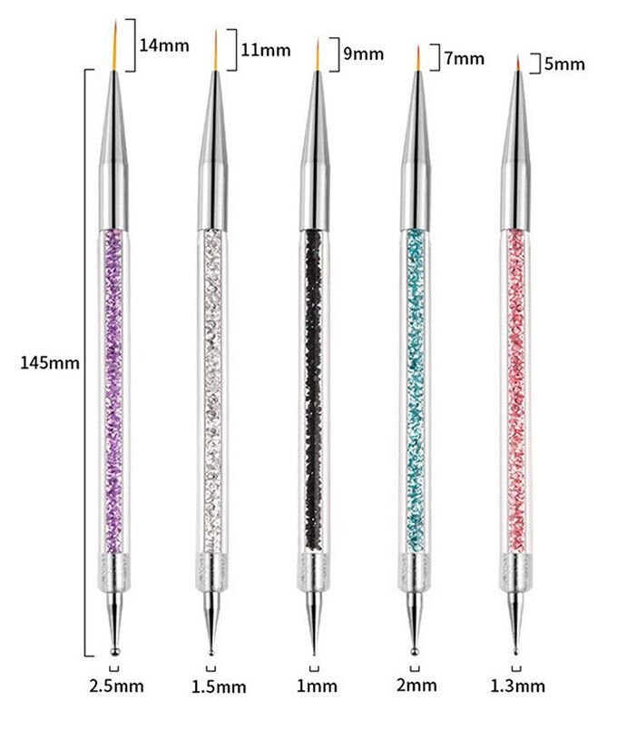 Detailed view of fine nylon nail liner brush bristles and stainless steel ball tips for precision dotting and line work